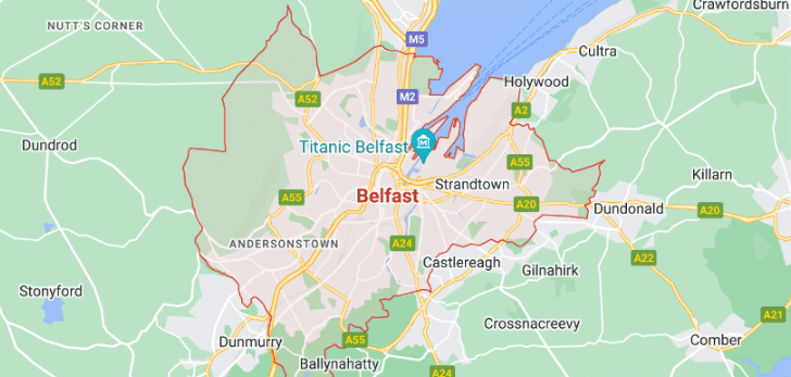 A map of Belfast, Northern Ireland, showing city boundaries and main roads—ideal for businesses seeking content marketing Belfast strategies. Key locations like Titanic Belfast, Castlereagh, Andersonstown, and other areas are clearly labelled.