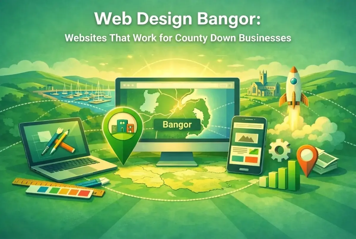 Illustration of Web Design Bangor tools—a laptop, mobile phone, and monitor displaying a map of Bangor with icons for business, growth, and creativity. Text: Web Design Bangor: Websites That Work for County Down Businesses.
