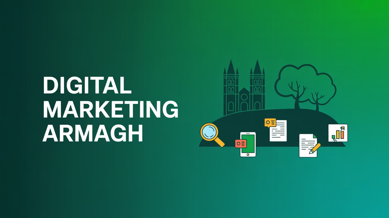 White text reading Digital Marketing Armagh on a green gradient background with a cathedral and trees silhouette. Icons below highlight key Digital Marketing aspects, featuring a magnifying glass, phone, envelope, and documents.