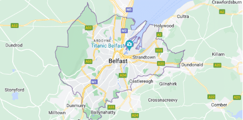 Map showing Belfast and surrounding areas in Northern Ireland, with main roads highlighted and landmarks such as Titanic Belfast marked near the harbour—perfect for those interested in Digital Marketing Belfast. Nearby towns include Dundonald, Holywood, and Dunmurry.
