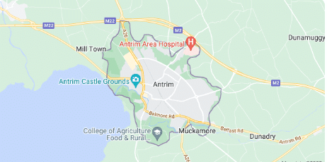 A map showing Antrim, Northern Ireland, with landmarks labelled: Antrim Area Hospital, Antrim Castle Grounds, and the College of Agriculture, Food & Rural Enterprise. SEO Antrim services are available in nearby Mill Town, Muckamore, and Dunadry.