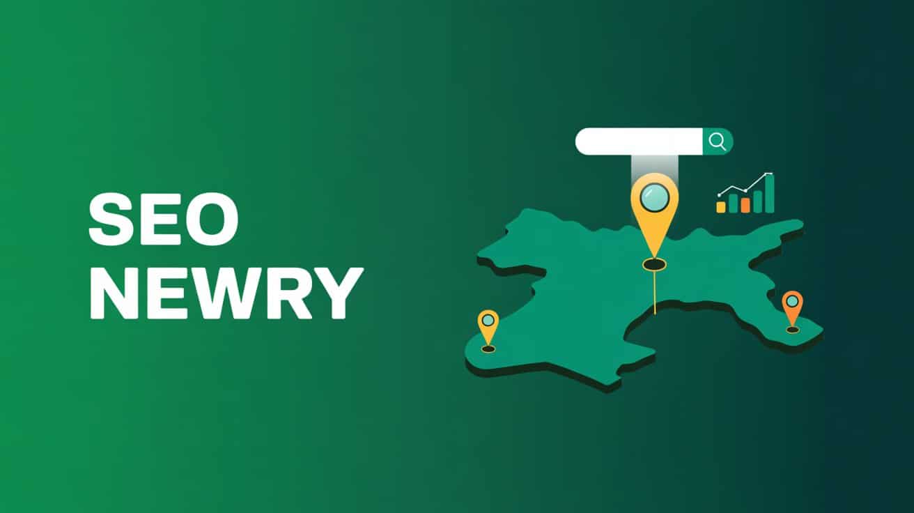 Digital illustration with the words SEO NEWRY beside a map graphic, featuring location markers, a search bar, and a rising bar chart—all on a green gradient background—captures the essence of digital marketing and effective SEO in Newry.