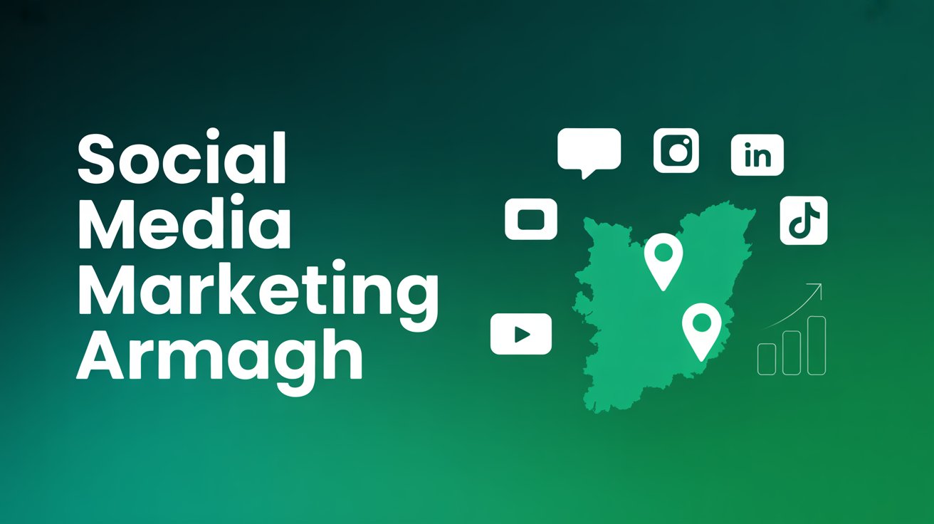 Graphic showcasing social media marketing Armagh with a map outline, location pins, popular social media icons, and a growth chart—all set against a vibrant green gradient background.