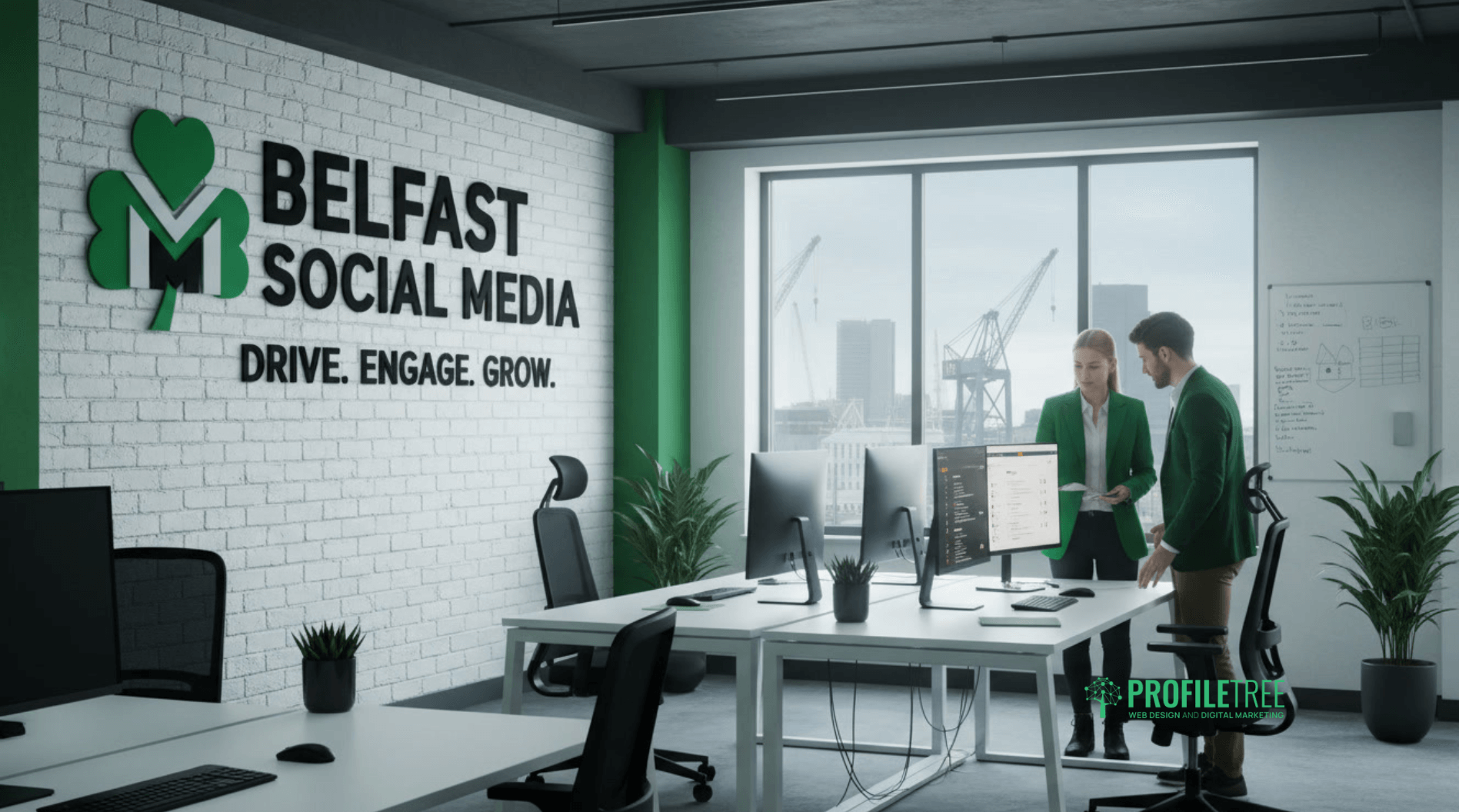 Two people in business attire stand by a desk with monitors in a modern office. The wall displays Belfast Social Media: Drive. Engage. Grow.—highlighting the power of social media marketing in Belfast. Large windows show cranes and city buildings outside.