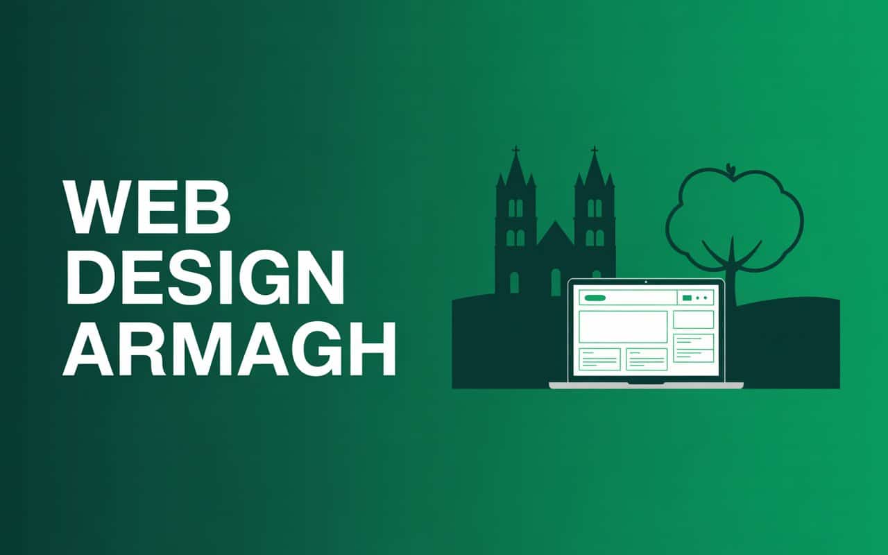 White text reads Web Design Armagh on a green gradient background, featuring illustrations of a cathedral, a tree, and a laptop displaying a website layout—perfectly capturing the spirit of web design in Armagh.