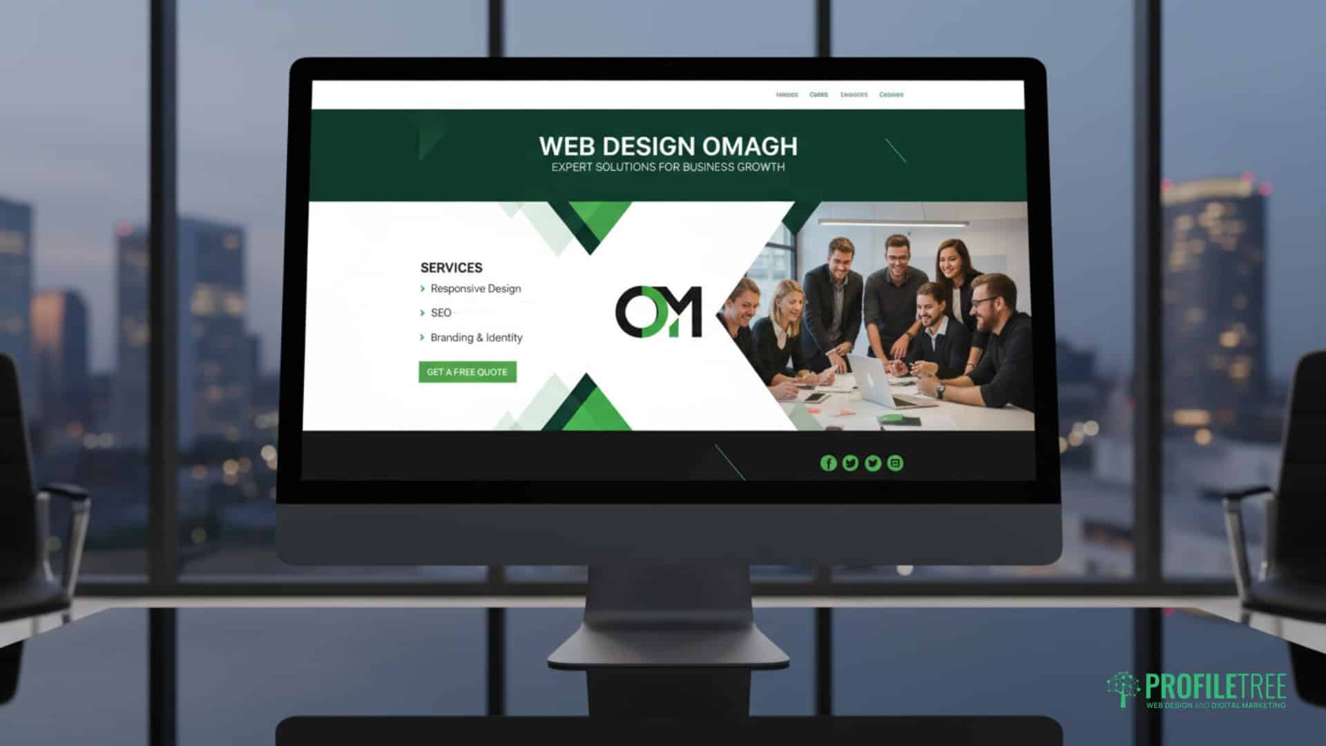 A computer screen with a group of people gathered around it, collaborating on Web Design projects in Omagh.