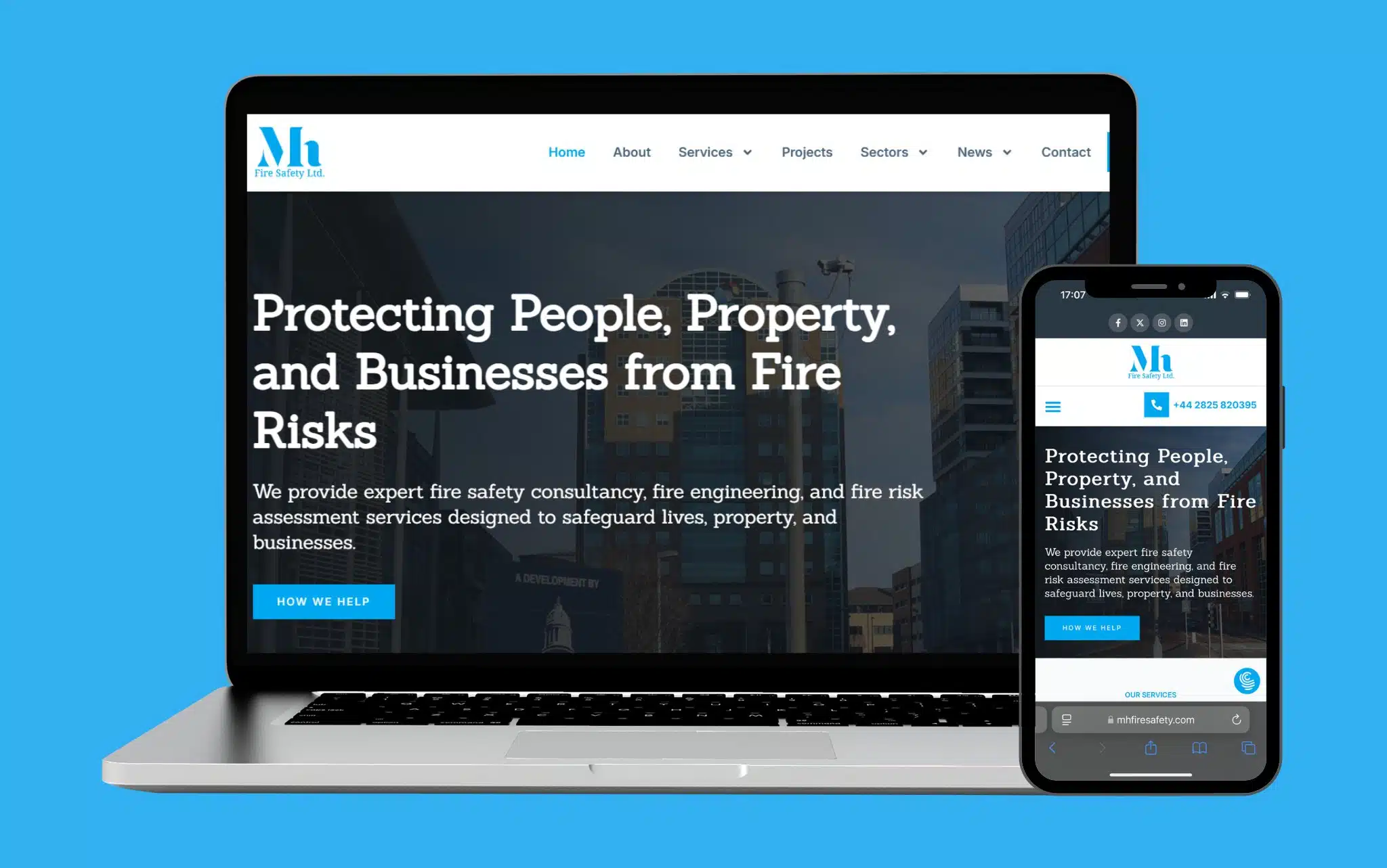 A laptop and smartphone display the same fire safety consultancy website homepage, featuring a blue and white website design, navigation menu, and the headline: “Protecting People, Property, and Businesses from Fire Risks.”.