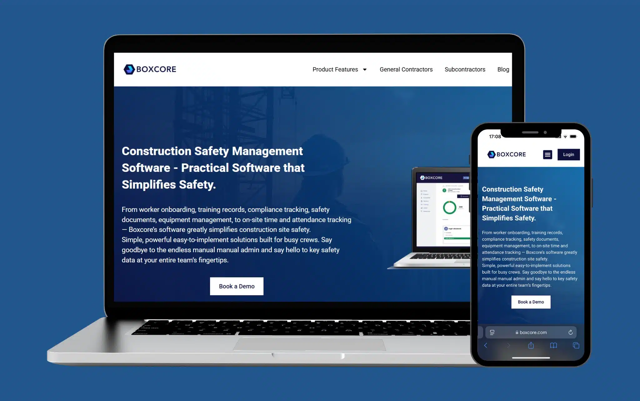 A laptop and smartphone display the Boxcore website, featuring a blue-themed layout with text highlighting construction industry safety management software and a Book a Demo button. Navigation links appear at the top.