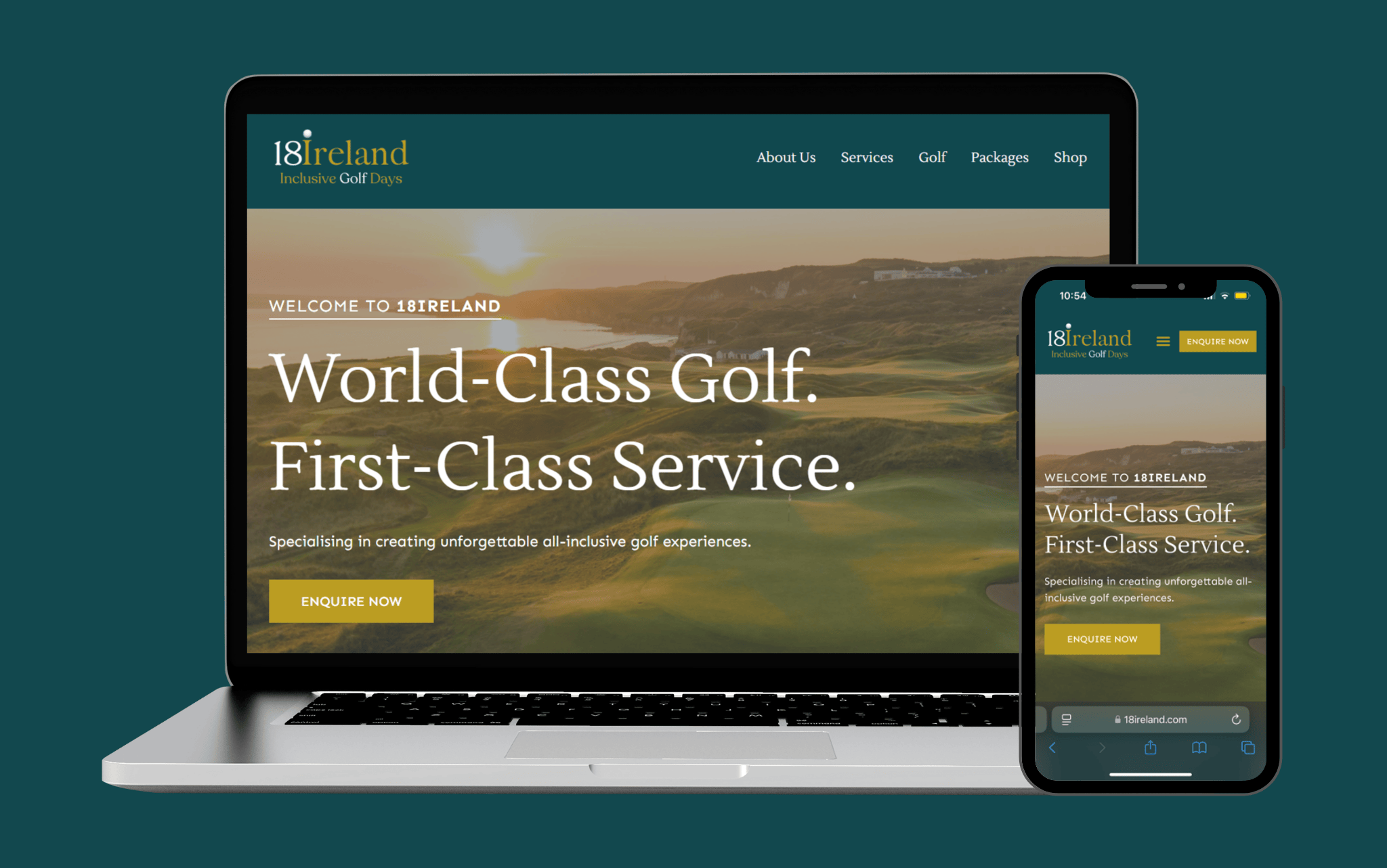 A laptop and smartphone display the 18Ireland website, showcasing Website Design for a Golf Tourism Provider with a sunset golf course, “World-Class Golf. First-Class Service” text, and navigation menus for services and packages.