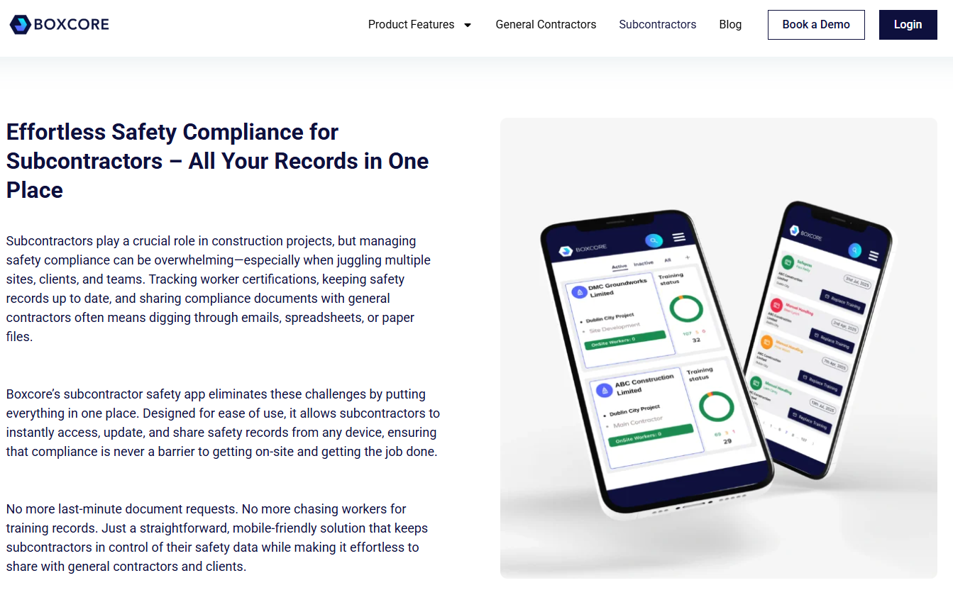 Two smartphones display the Boxcore safety compliance app interface—dashboards with checklists, compliance scores, and records. The website details how the app helps subcontractors in the construction industry manage safety compliance efficiently.