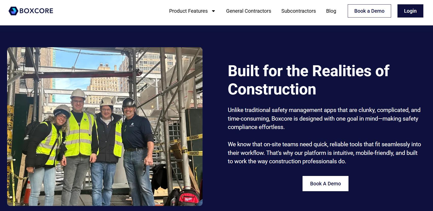 Four people in construction gear smile and pose at a building site. Text beside them promotes BOXCORE, a construction software designed to streamline compliance. Options to book a demo or log in highlight the intuitive website design.