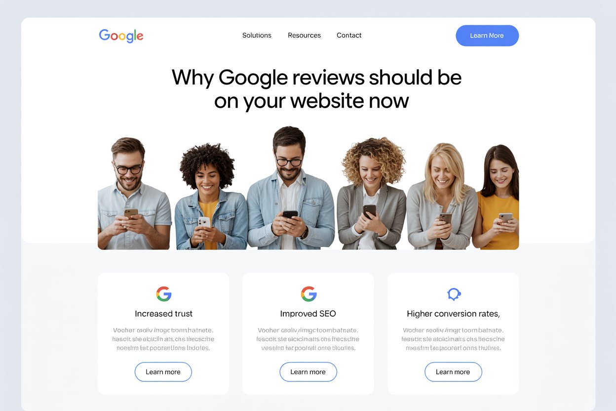 Six people stand side by side, smiling and looking at their smartphones. Above them, text reads Why Google reviews should be on your website now. Below are sections about increased trust, improved SEO, and higher conversion rates.