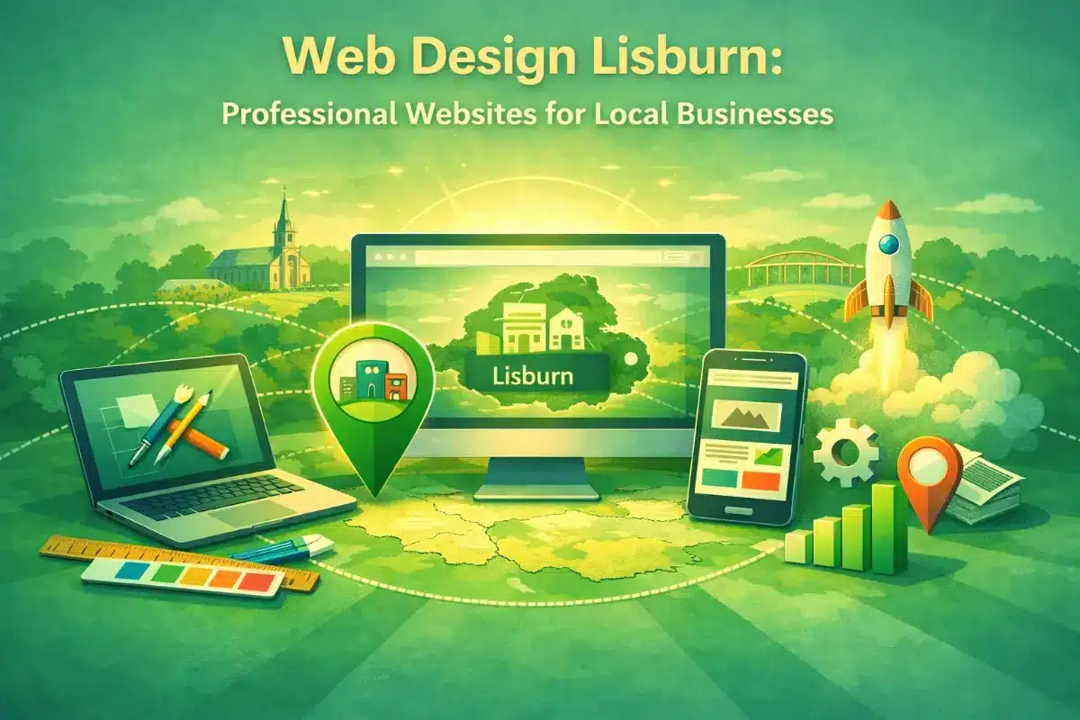 Illustration of Web Design in Lisburn: Professional Websites for Local Businesses, featuring a laptop, desktop, and mobile with Lisburn graphics, surrounded by design tools, charts, and a rocket in a vibrant green landscape.