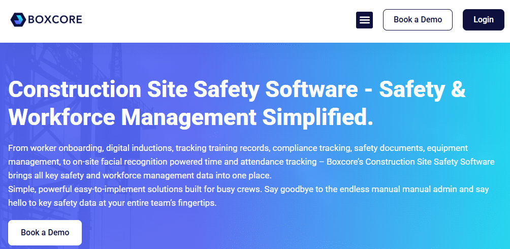 Screenshot of Boxcore Construction Software Website Design, showcasing construction site safety software with features like workforce management, training, compliance tracking, and demo booking options on a blue and purple gradient background.