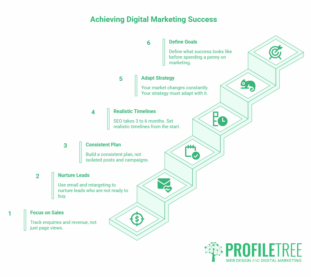 An infographic listing six steps for Digital Marketing success on ascending steps, including focussing on sales, nurturing leads, planning, setting timelines, adapting strategy, and defining goals. PROFILETREE logo appears at the bottom.