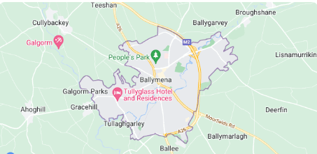 Map showing Ballymena and surrounding areas in Northern Ireland, including Cullybackey, Galgorm, Ahoghill, and Ballygarvey. Key locations such as Peoples Park and Tullyglass Hotel are marked. Major roads are highlighted for Digital Training Ballymena.