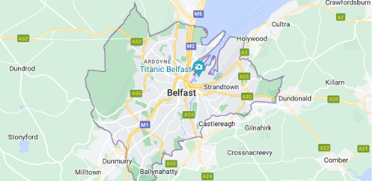 Map showing Belfast and its surrounding areas in Northern Ireland, with main roads highlighted and landmarks such as Titanic Belfast indicated. Areas like Strandtown, Dundonald, and Holywood are labelled—ideal for Digital Training Belfast locations.