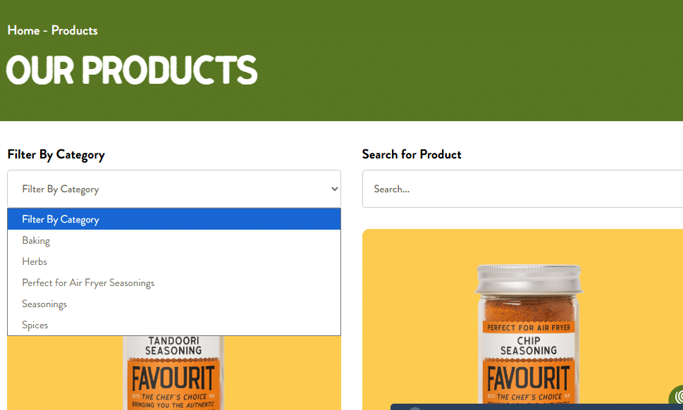 Screenshot of a heritage brand website design featuring a green header with Our Products, a filter by category dropdown menu, search bar, and a crisp seasoning product image on a yellow background.