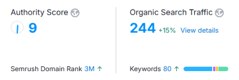Website metrics dashboard for a heritage brand website design, showing an Authority Score of 9, Organic Search Traffic of 244 (up 15%), Semrush Domain Rank 3M (up), 80 keywords, and a keyword performance bar.
