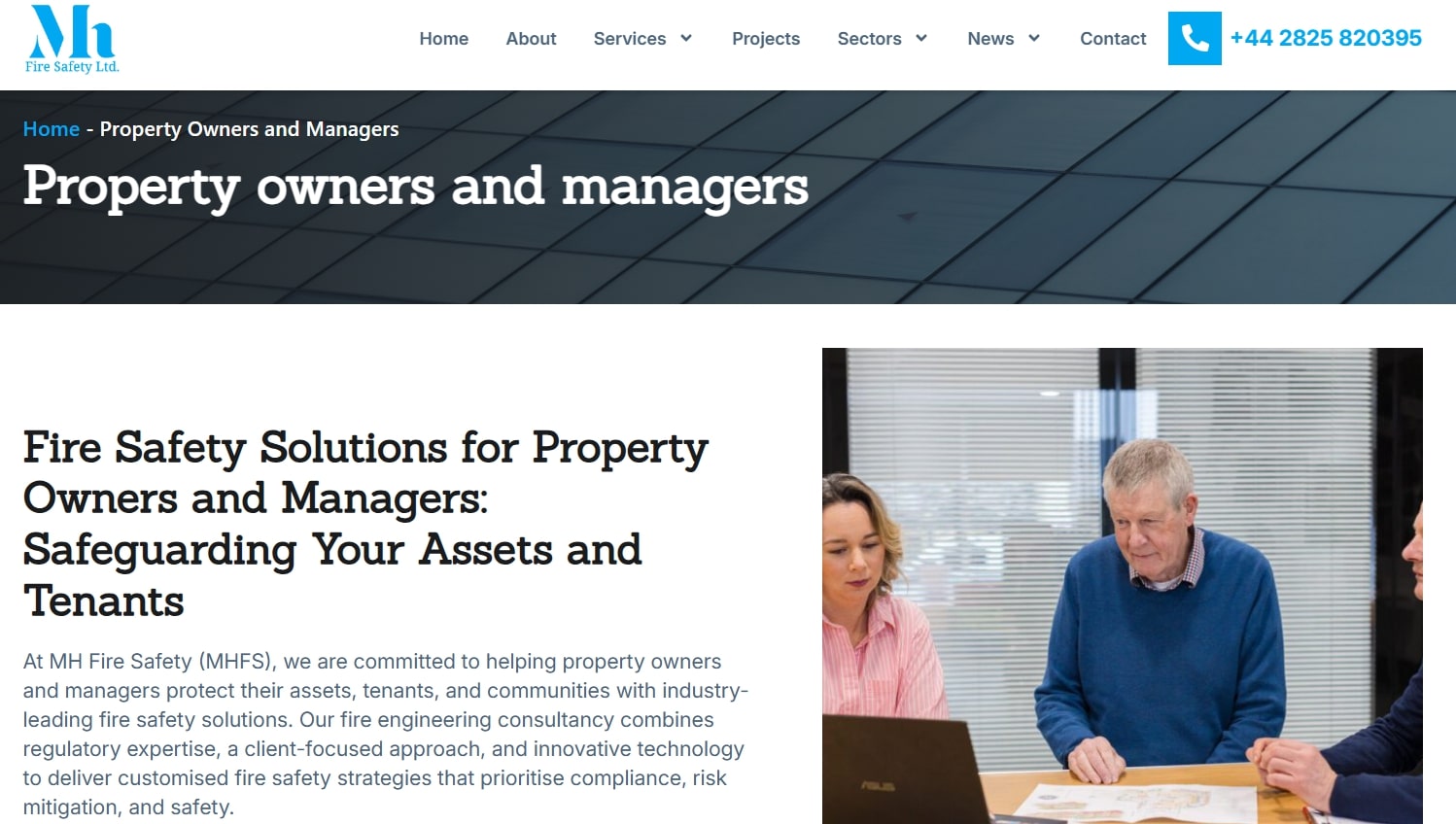 Informational website page from fire safety aimed at property owners and managers - Website Design for UK Consultancy Firms