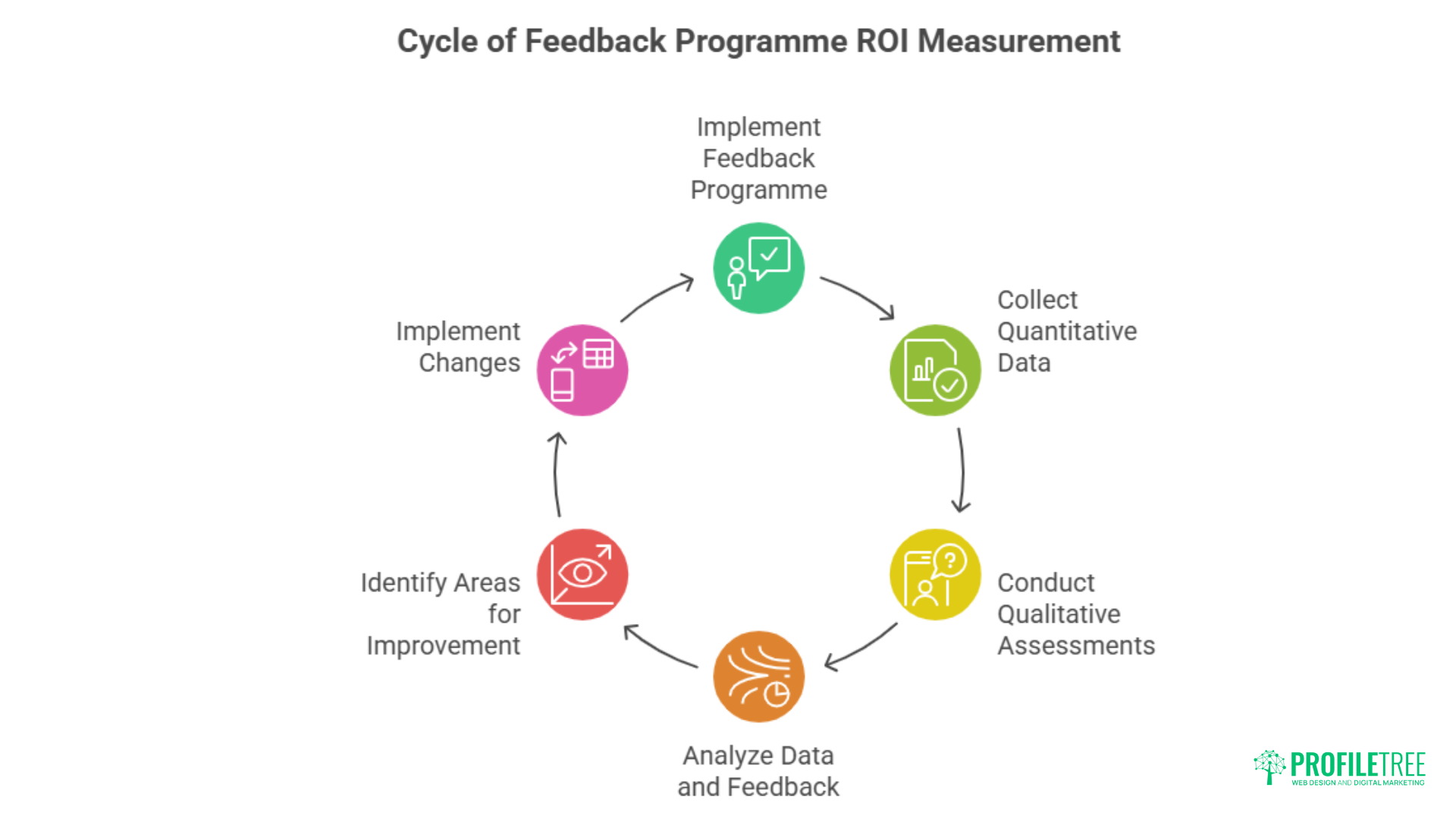 A circular diagram showing six steps of Feedback Programme ROI Measurement: Implement Feedback System, Collect Quantitative Data, Conduct Qualitative Assessments, Analyze Data and Feedback, Identify Areas for Improvement, Implement Changes for Professional Development.