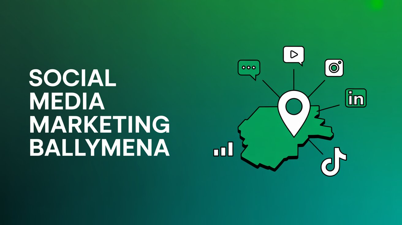 A graphic with the text Social Media Marketing Ballymena beside a map outline with a location pin, surrounded by social media and digital icons on a green gradient background, highlighting social media marketing in Ballymena.