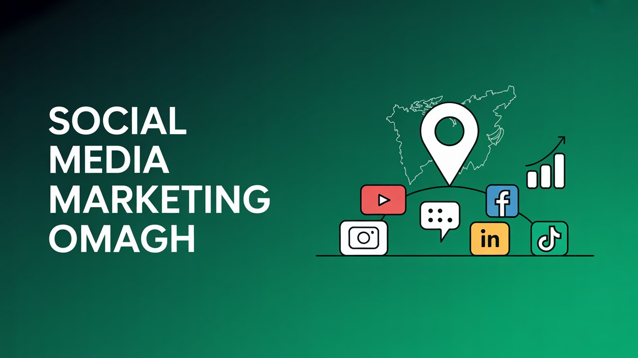 Green gradient background featuring Social Media Marketing Omagh beside social media icons, a map outline, a location pin, and a rising graph—perfect for showcasing social media success and digital marketing growth in Omagh.