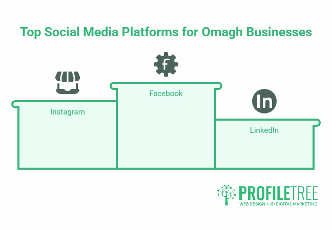 A graphic highlights Facebook as the leading Social Media Marketing platform for Omagh businesses, followed by Instagram and LinkedIn, with icons for each and the ProfileTree logo at the bottom right-hand corner.