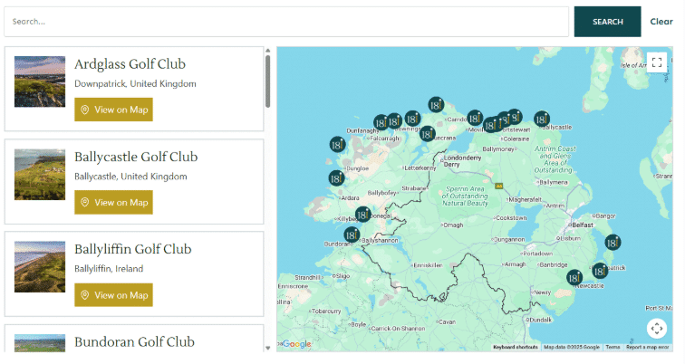 Web design for golf tourism providers displaying a list of golf clubs on the left, each with a View on Map button, and a map of Northern Ireland on the right marked with numbered locations.