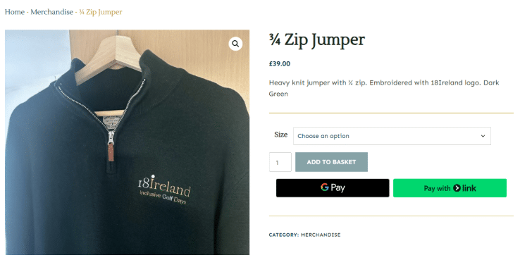 Dark green ¾ zip jumper hanging on a wooden hanger, featuring the embroidered the client Inclusive Golf Days logo in light thread on the left chest—perfect for showcasing in a sleek website design for golf tourism.