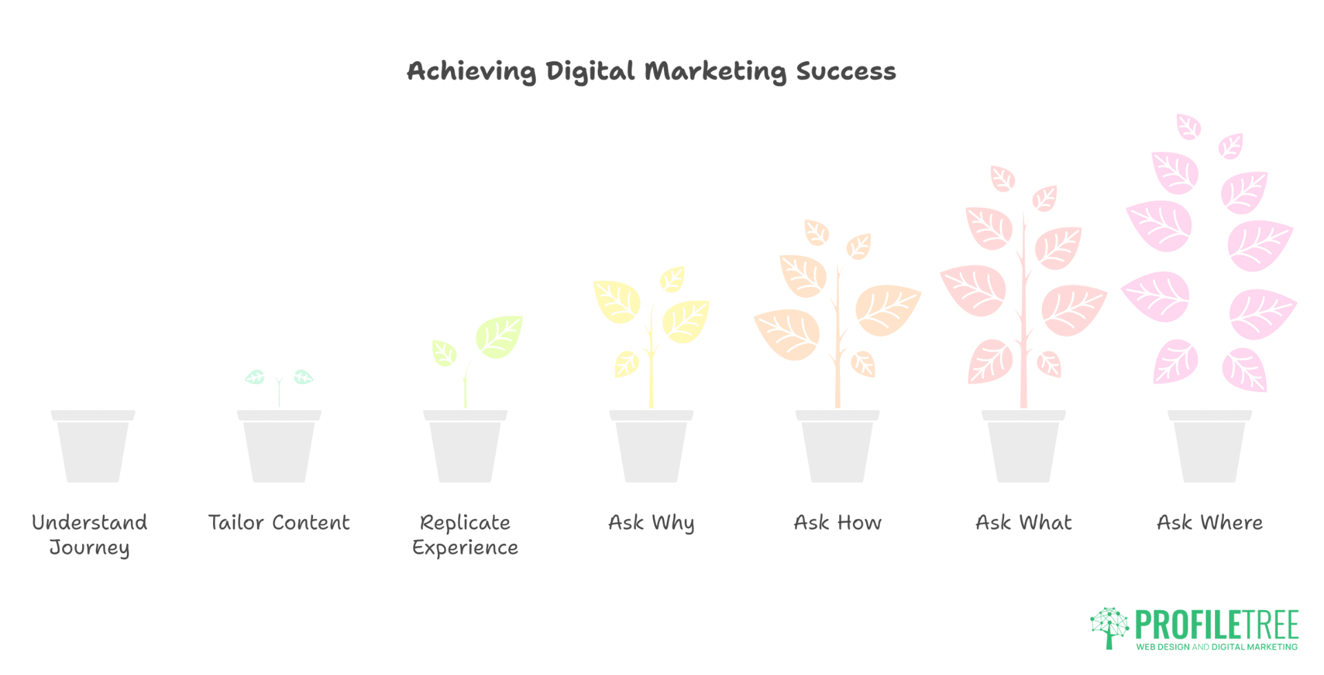 Seven potted plants in a row grow progressively taller, each labeled: Understand Journey, Tailor Content, Replicate Experience, Ask Why, Ask How, Ask What—symbolizing digital marketing success in Bangor.