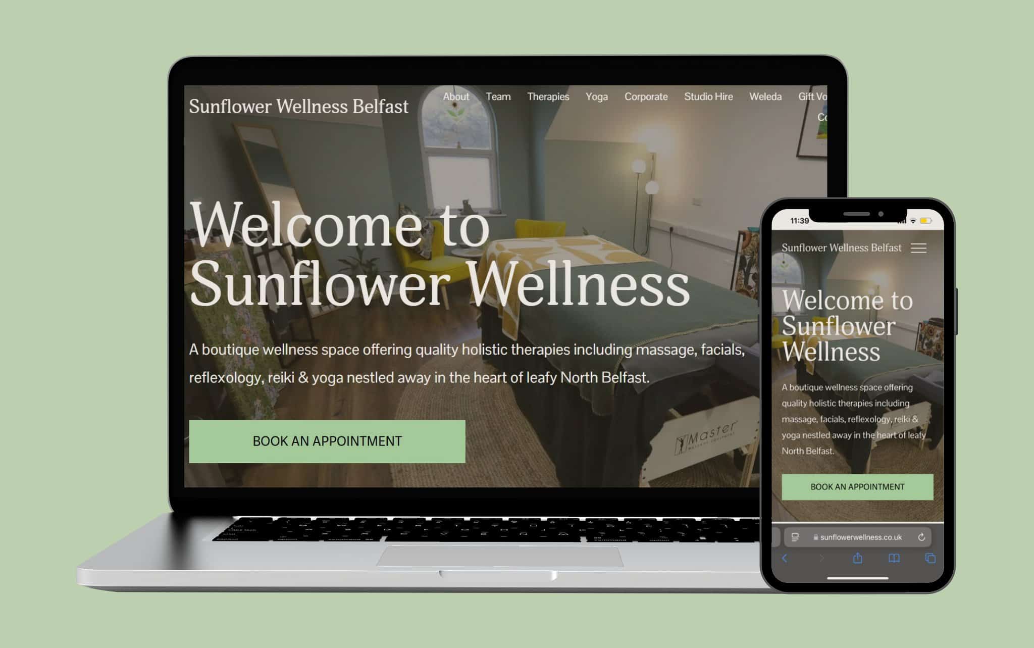 A laptop and smartphone display the homepage of Sunflower Wellness Belfast, a Squarespace website for a holistic wellness studio, featuring a welcome message, booking button, and cozy therapy room background on both screens.