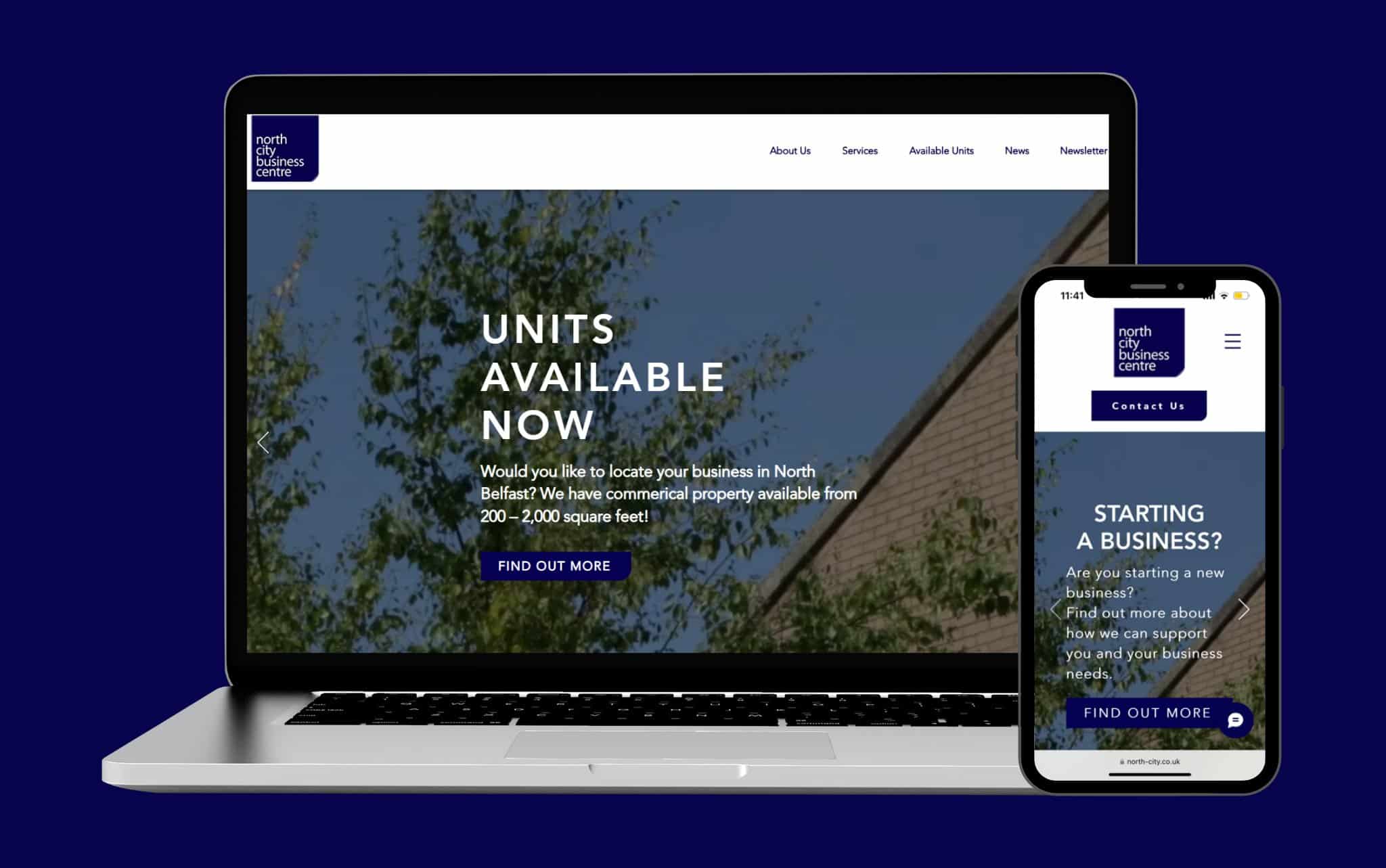 A laptop and a smartphone display the North City Business Centre’s business park website design, highlighting available commercial units and business support services against a backdrop of trees and a building.