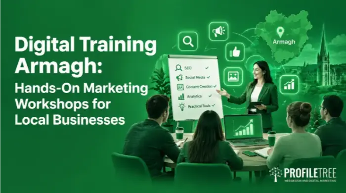 A woman presents digital marketing concepts to a small group, with icons and text about Digital Training in Armagh for local businesses. The background is green with a cityscape and map marker, emphasising the focus on digital training opportunities available in Armagh.