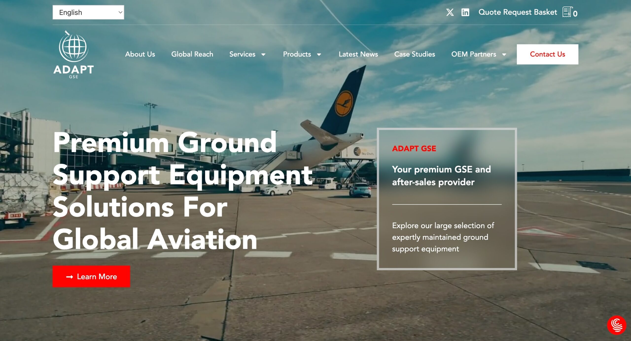 Minimalist web design homepage featuring an airplane on the tarmac with bold text promoting premium ground support equipment solutions for global aviation, a clean navigation menu, and a simple red call-to-action button.