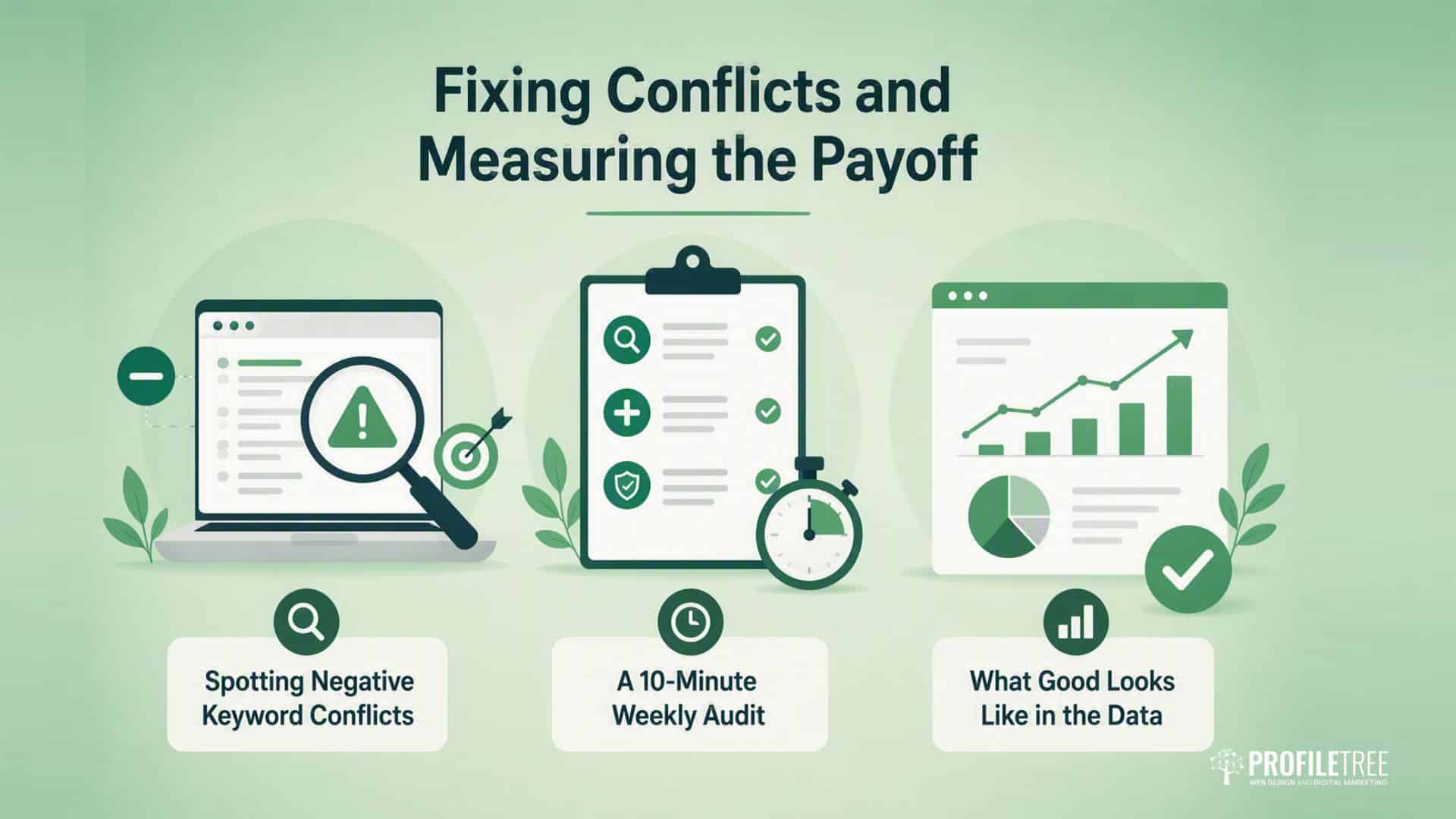 Illustration showing steps for fixing conflicts: spotting negative keyword conflicts, conducting a 10-minute weekly audit to identify which negative keywords are impacting your campaigns, and analysing what good performance looks like in the data.