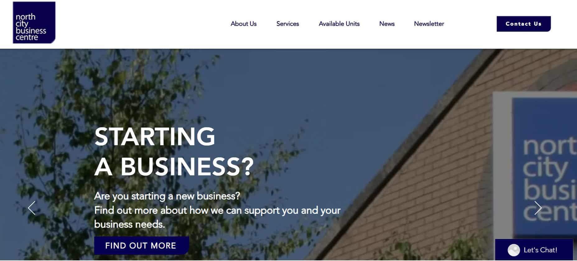 Screenshot of the North City Business Centre business park website design homepage, featuring a banner with “Starting a Business?”, navigation links, and a blue Find Out More button. A building and tree appear in the background. Business Park Website Design.