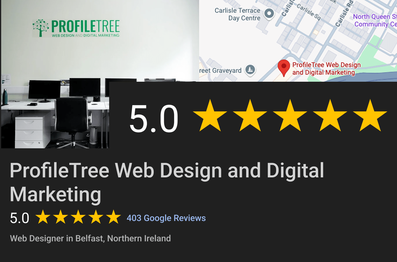 Screenshot showing ProfileTree Belfast Web Design and Digital Marketing with a 5-star rating from 403 Google reviews, office computers on the left, a map on the top right, and location in Belfast, Northern Ireland. Learn more about ProfileTree.