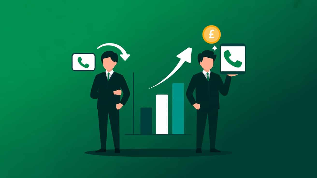 Two businesspeople in suits stand by growing bar charts, phone icons, and a pound coin symbol, representing business communication and financial growth—ideal imagery for an SEO Agency in Omagh seeking to highlight local business success.