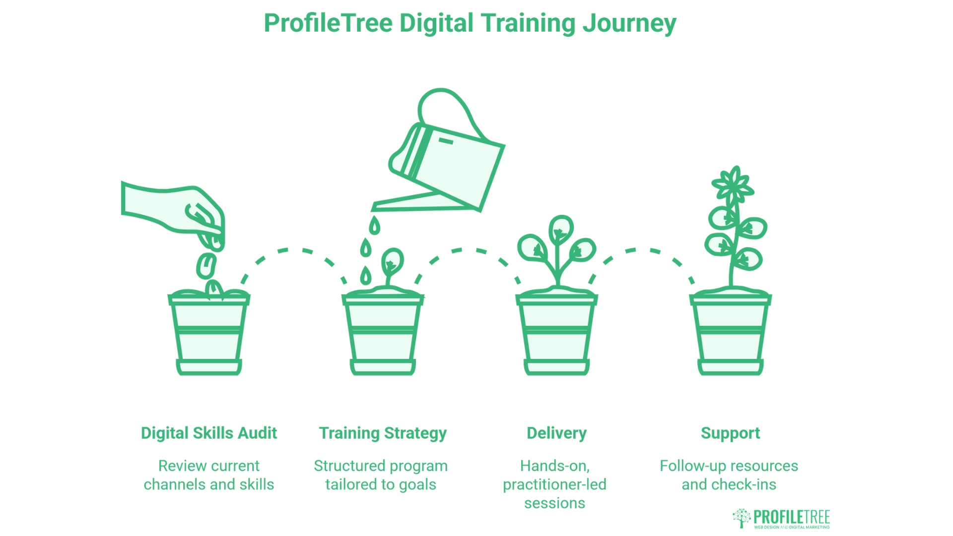 Four illustrated plant pots show stages of growth, representing the Digital Training journey: Digital Skills Audit, Training Strategy, Delivery, and Support—each labelled with corresponding activities below. Perfect for those seeking Digital Training Antrim programmes.