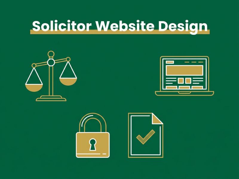 Vector illustration of a solicitor website design concept with scales, laptop and security icons on a dark green background.