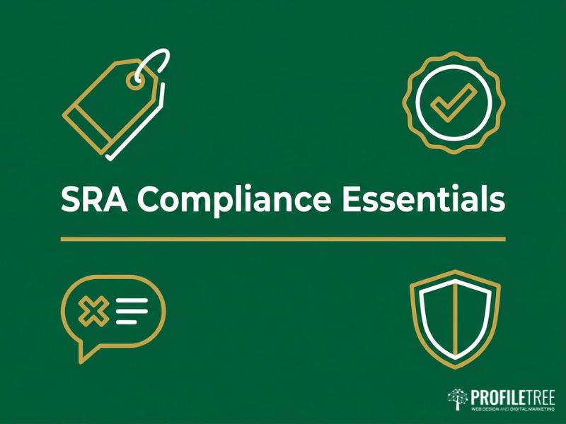 Vector graphic showing SRA compliance icons for a solicitor website, including pricing, badge and shield symbols on a dark green background.