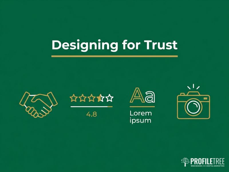 Vector illustration of trust signals for a solicitor website, with rating, handshake and design icons on a dark green background.