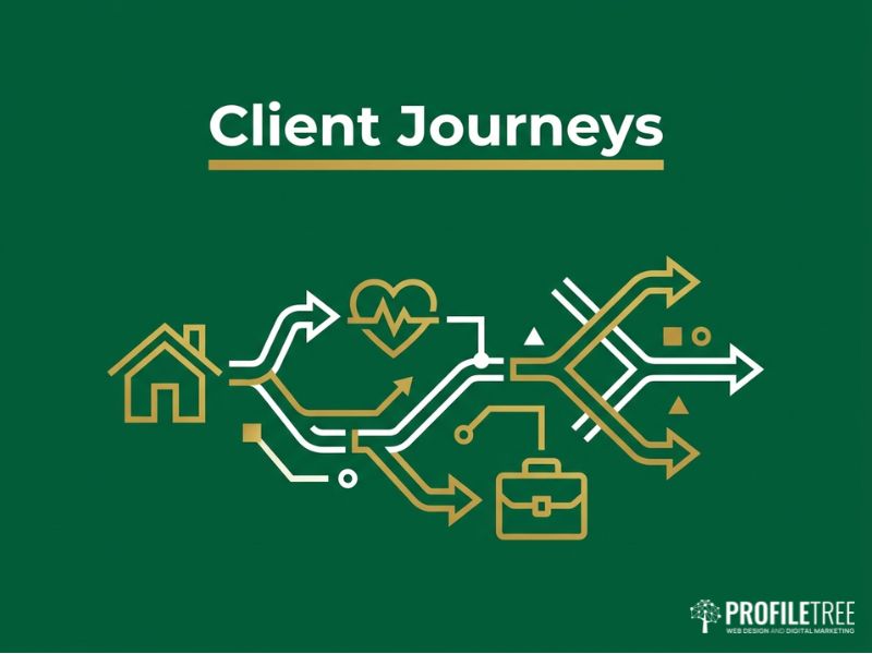Vector diagram of client journey paths for a solicitor website, with branching arrows and practice-area icons on a dark green background.