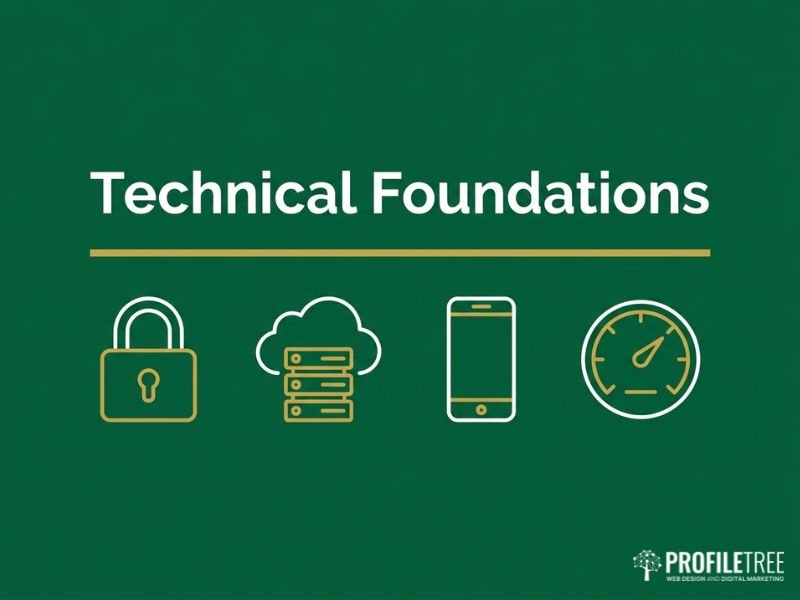 Vector graphic of technical and security foundations for a solicitor website, with padlock, server and speed icons on a dark green background.