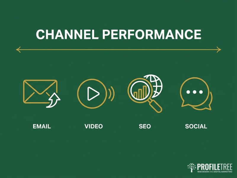 Channel performance benchmarks for SME content marketing shown with email, video and search icons on dark green