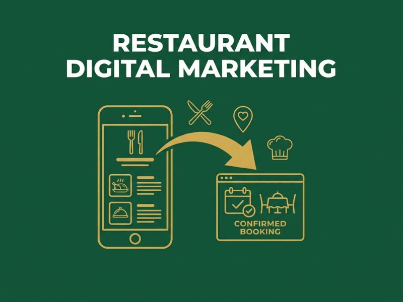 Vector illustration of Restaurant Digital Marketing showing a phone feed converting into a confirmed table booking, in deep green and gold.