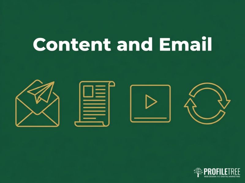 Restaurant Digital Marketing vector graphic showing content and email marketing bringing diners back, in deep green and gold.