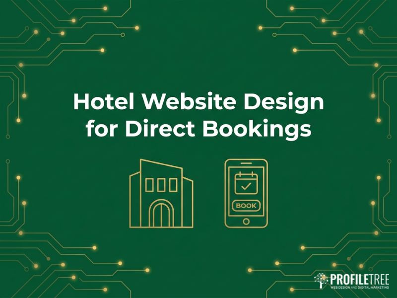 Dark green vector illustration titled Hotel Website Design for Direct Bookings with gold hotel and mobile icons