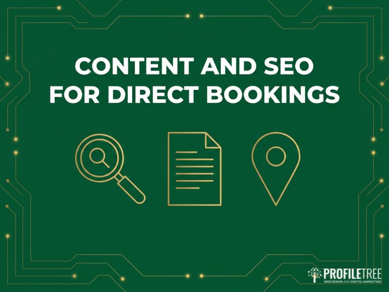 Dark green vector illustration on content and SEO for Direct Bookings with gold search and document icons